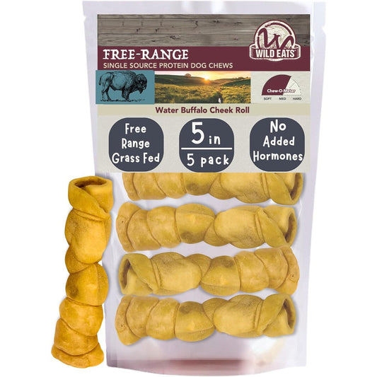 Wild Eats Water Buffalo Retriever Style Cheek Roll Dog Chews Long Lasting Treats For Aggressive Chewers And Large Dogs 5 Pack