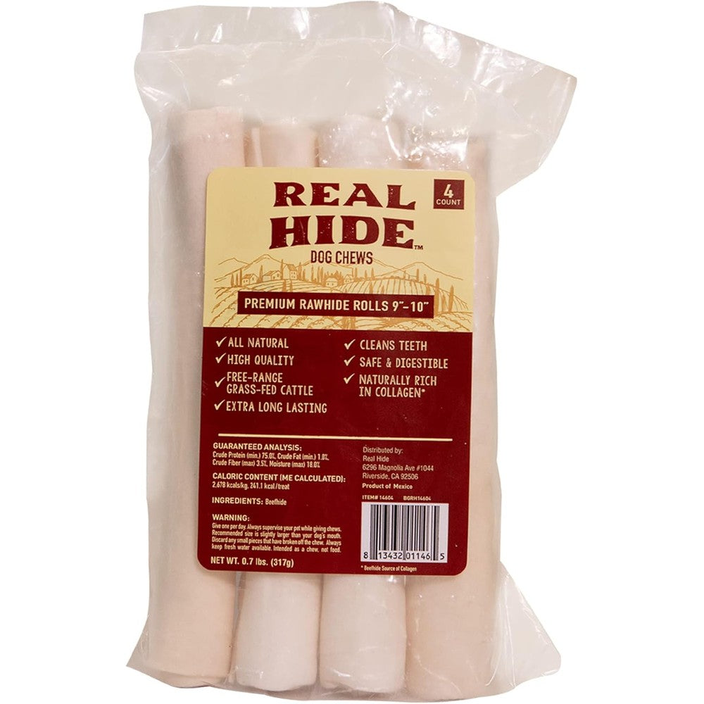 Real Hide All Natural Dog Chew Treats Premium Rawhide Rolls 9-10 Inch Long Lasting Grass Fed Free Range Beef Hide For Medium And Large Dogs 4 Count