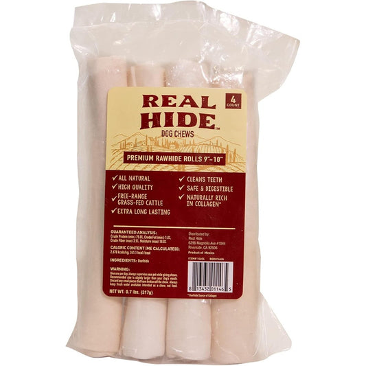 Real Hide All Natural Dog Chew Treats Premium Rawhide Rolls 9-10 Inch Long Lasting Grass Fed Free Range Beef Hide For Medium And Large Dogs 4 Count