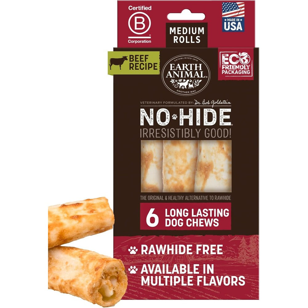 Earth Animal No Hide Beef Recipe Medium Dog Chew Rolls Rawhide Free Long Lasting Healthy Savory Treat For Medium Dogs 6 Count