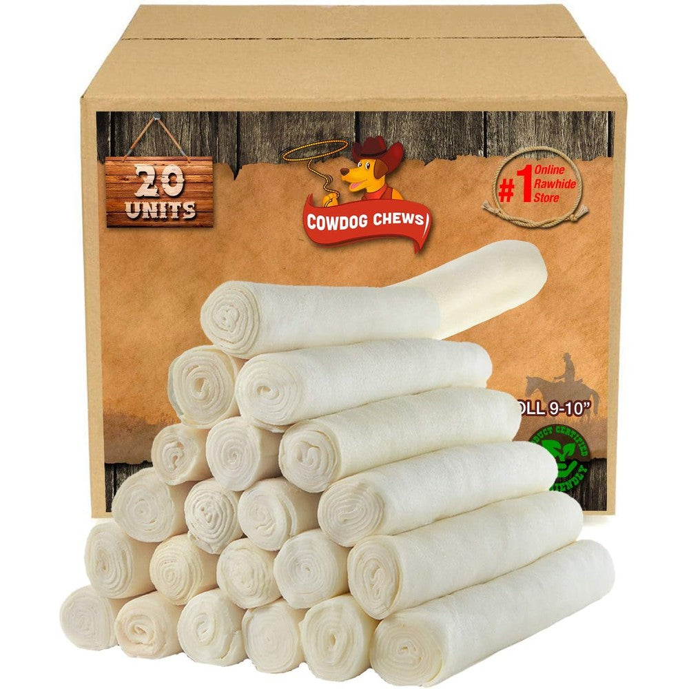 Cowdog Chews Retriever Roll 9 to 10 Inch All Natural Rawhide Dog Treats Extra Thick Odorless Collagen Rich Dental Chews For Large Dogs 20 Pack