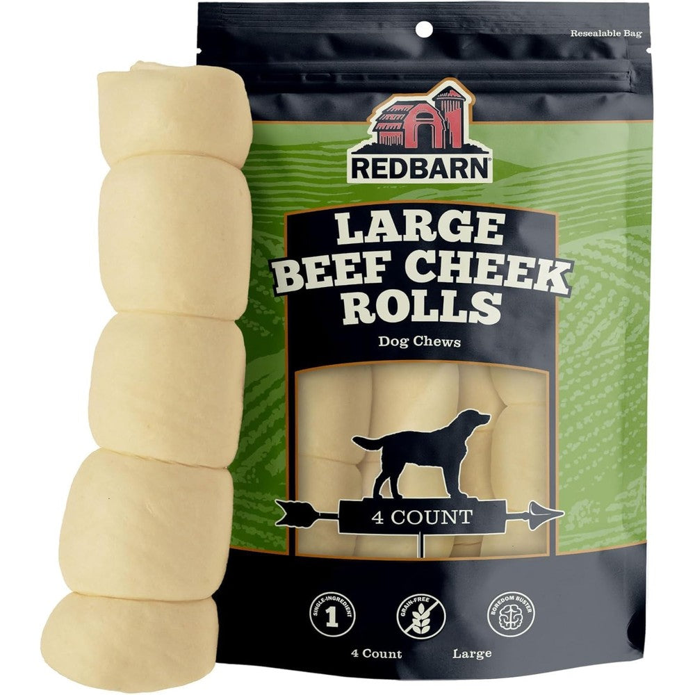 Redbarn Pet Products All Natural Large Beef Cheek Rolls For Dogs Uncoated Grain Free Long Lasting Chew Treats Rich In Collagen Four Pack