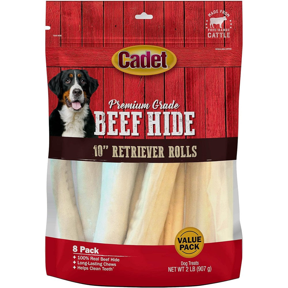 Cadet Premium Grade Beef Hide Long Lasting Rawhide Retriever Rolls Single Ingredient Dog Chews For Large Breeds 10 Inch 8 Count