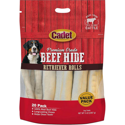 Cadet Premium Grade Beef Hide Retriever Rolls Long Lasting Dental Dog Chews For Medium And Large Breeds 20 Pack 5 Pounds