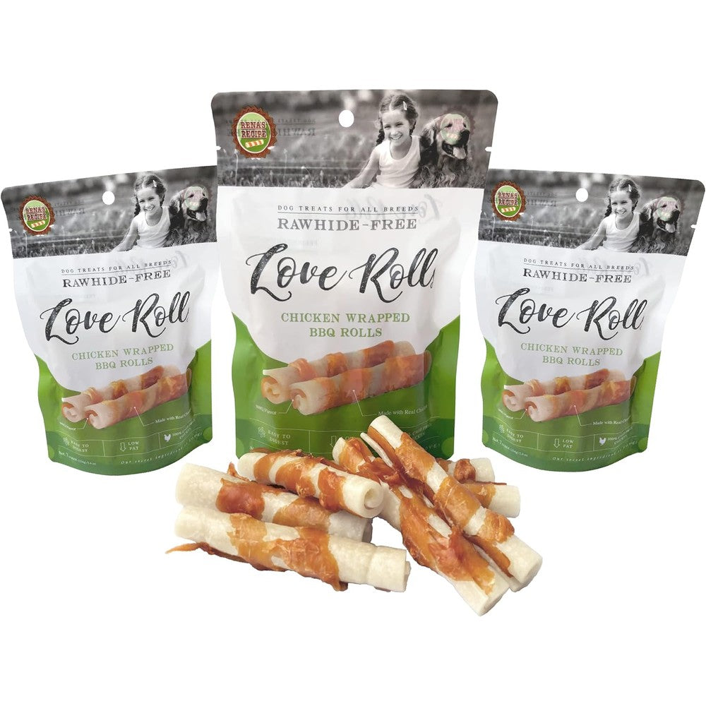 Rena Recipe Love Rolls Rawhide-Free Chicken Wrapped Dog Treats With Barbeque Flavor Core High Protein Healthy Snacks 7 Count 154 Grams