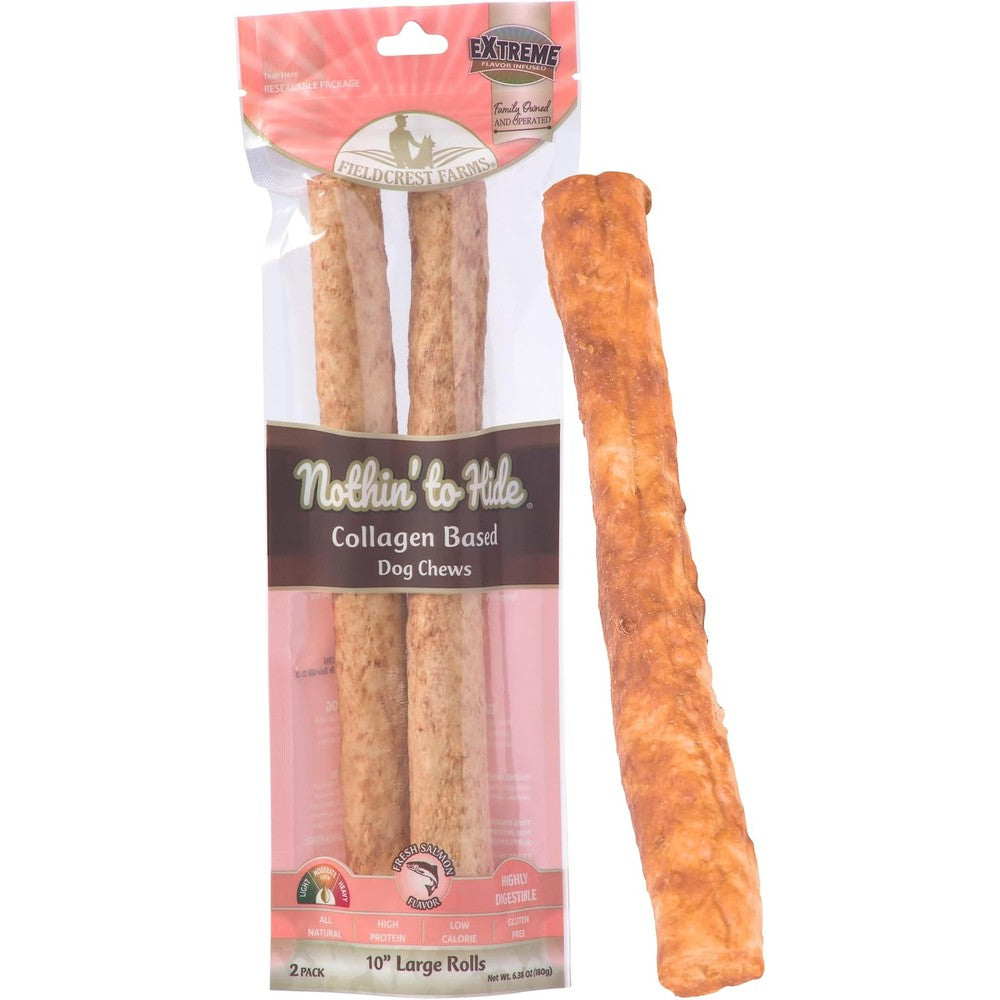 Fieldcrest Farms Nothin' to Hide Large Roll Dog Chews Highly Digestible Collagen Rawhide Alternative Salmon Flavor 10 Inch Two Pack