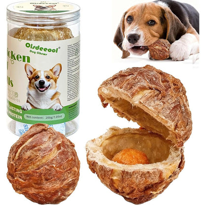 Olsdeeool Chicken Wrapped Rawhide Spherical Dog Treats With Egg Yolk For Teeth Cleaning And Plaque Removal 200 Grams 2 Pieces