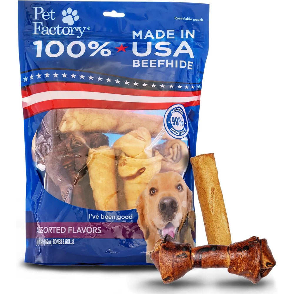 Pet Factory 100% Made in USA Beefhide Assorted Bones and Rolls Dog Chew Treats Beef and Chicken Flavor 10 Count