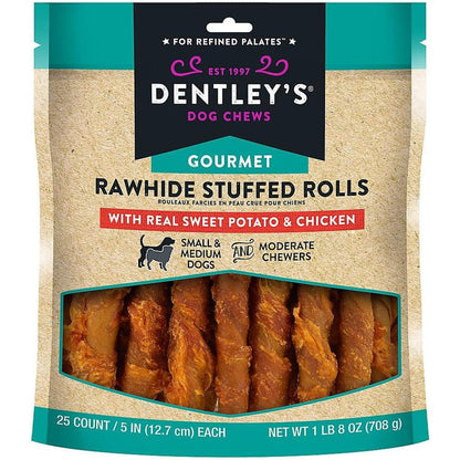 QueenMew Gourmet Rawhide Stuffed Rolls Dog Treats Sweet Potato And Chicken Flavoured Chews For Small And Medium Dogs 25 Count Pack