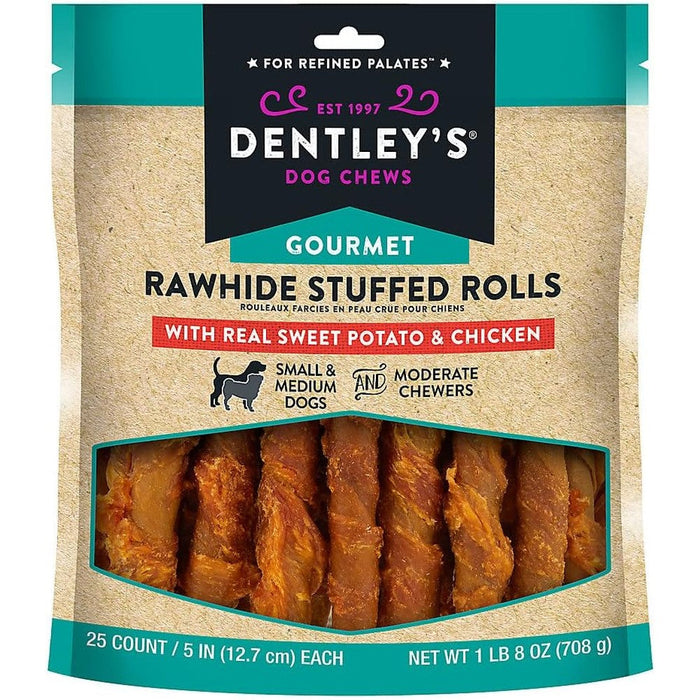 QueenMew Gourmet Rawhide Stuffed Rolls Dog Treats Sweet Potato And Chicken Flavoured Chews For Small And Medium Dogs 25 Count Pack