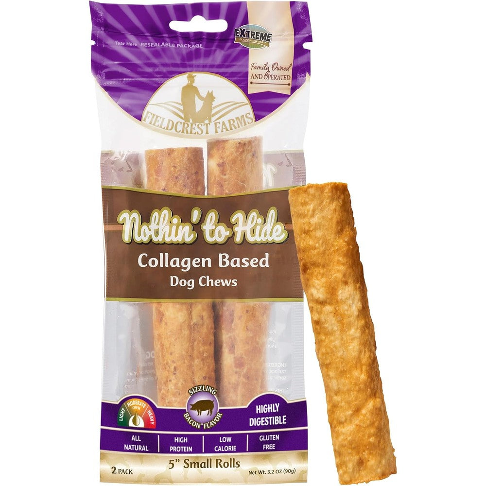Fieldcrest Farms Nothin' To Hide Small Roll Dog Chews Premium Collagen Rawhide Alternative Five Inches Bacon Flavor Two Pack For Moderate Chewers