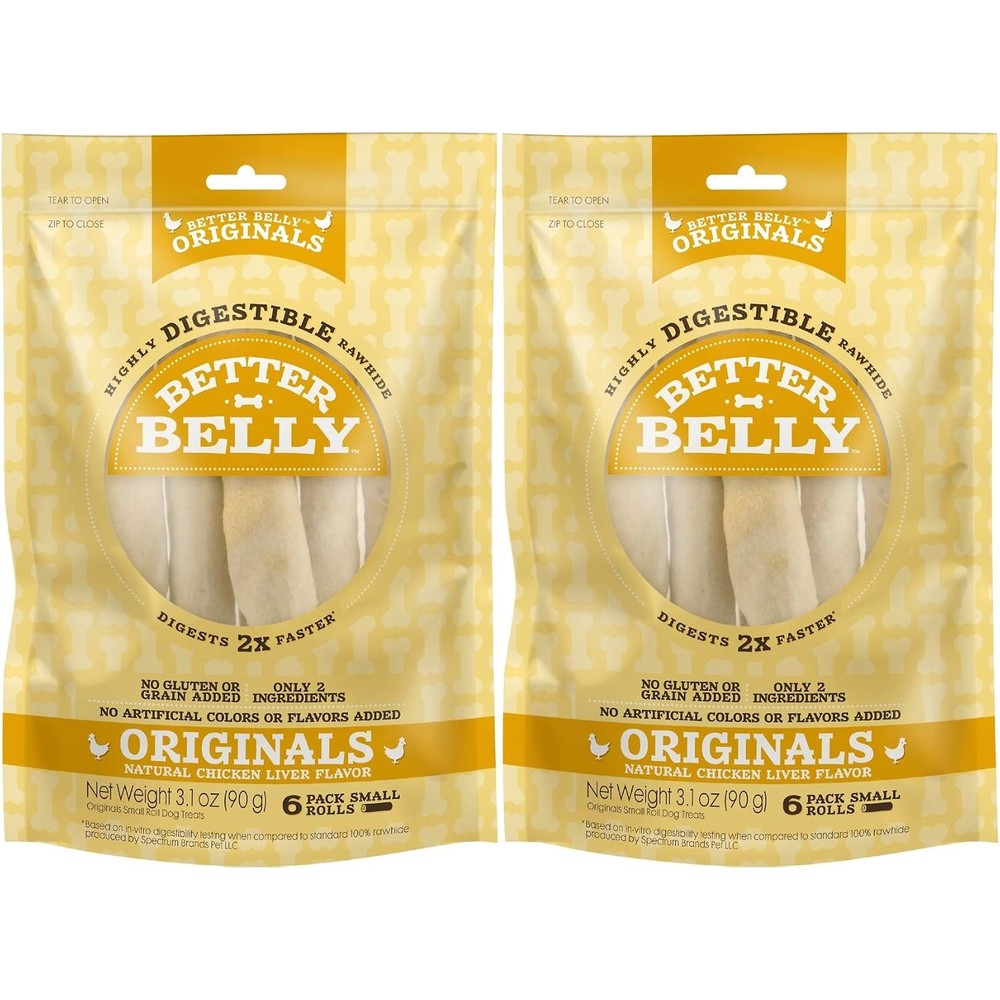 Better Belly Highly Digestible Rawhide Small Roll Dog Chews Chicken Liver Flavor 6 Count 2 Pack