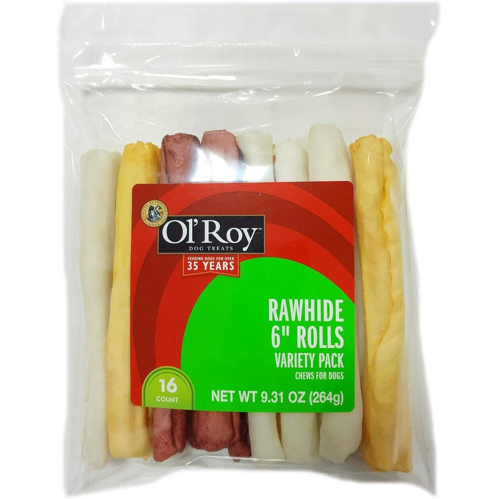 Ol' Roy 6 Inch Rawhide Rolls Variety Pack Natural Beefhide Dog Chews Long Lasting Flavored Treats 16 Count Pack 9.31 Ounces