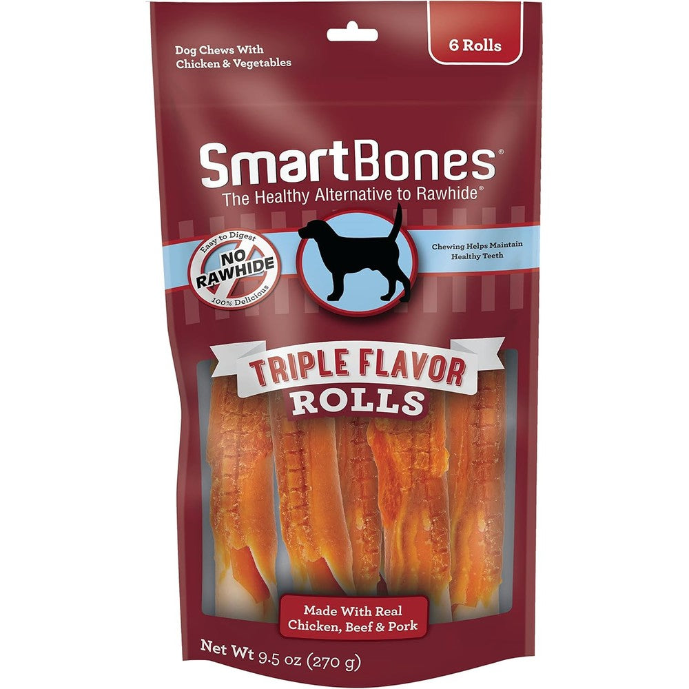 SmartBones Triple Flavor Rolls Rawhide Free Dog Chews With Real Chicken Beef And Pork 6 Count