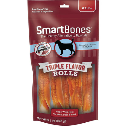 SmartBones Triple Flavor Rolls Rawhide Free Dog Chews With Real Chicken Beef And Pork 6 Count