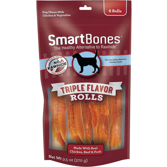 SmartBones Triple Flavor Rolls Rawhide Free Dog Chews With Real Chicken Beef And Pork 6 Count