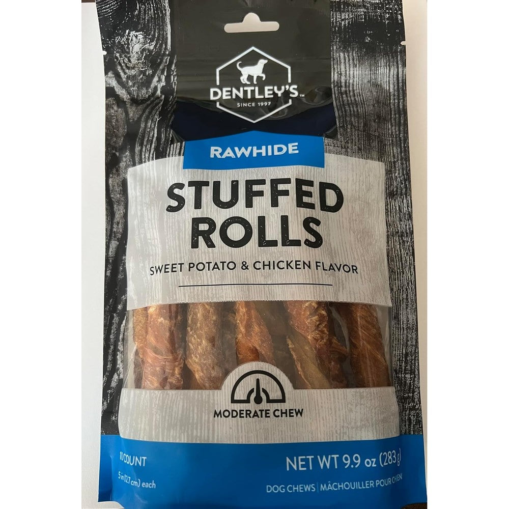 Dentley's Gourmet Rawhide Stuffed Rolls Dog Chews With Real Sweet Potato And Chicken Flavor Moderate Chew For Dogs 10 Count 9.9 Ounce