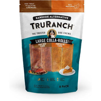 TRURANCH Large Collagen Rolls Roast Beef And Pumpkin Pie Dog Chews Holiday Limited Edition Rawhide Free Eight Count Bag