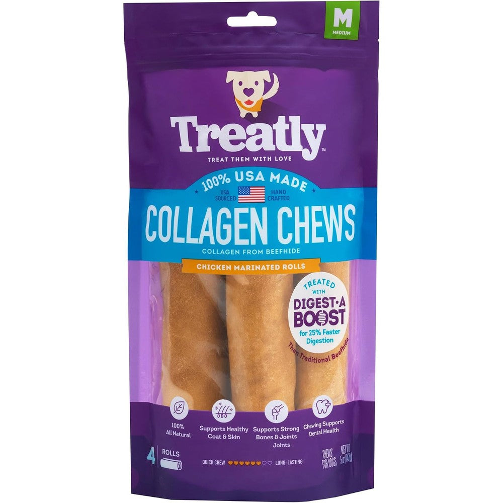 Treatly USA Made All Natural Collagen Rolls Six To Seven Inch Long Lasting Dog Chew Treats Chicken Marinade Flavor Four Count Pack