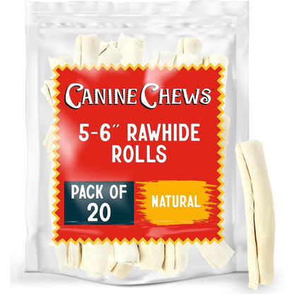 Canine Chews Five To Six Inch Dog Rawhide Retriever Rolls Pack Of Twenty Extra Thick Real All Natural Beef Rawhide Bones For Small Dogs