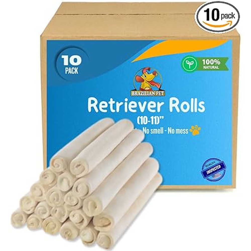 Kookamunga Brazilian Pet Premium Retriever Rolls 10 to 11 Inches 100 Percent Natural Rawhide Dog Chew Treats 10 Pack
