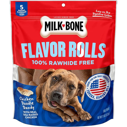 Milk-Bone Flavor Rolls Chicken Doodle Dandy Rawhide Free Dog Treat With USA Raised Chicken 11 Ounce 5 Count Bag
