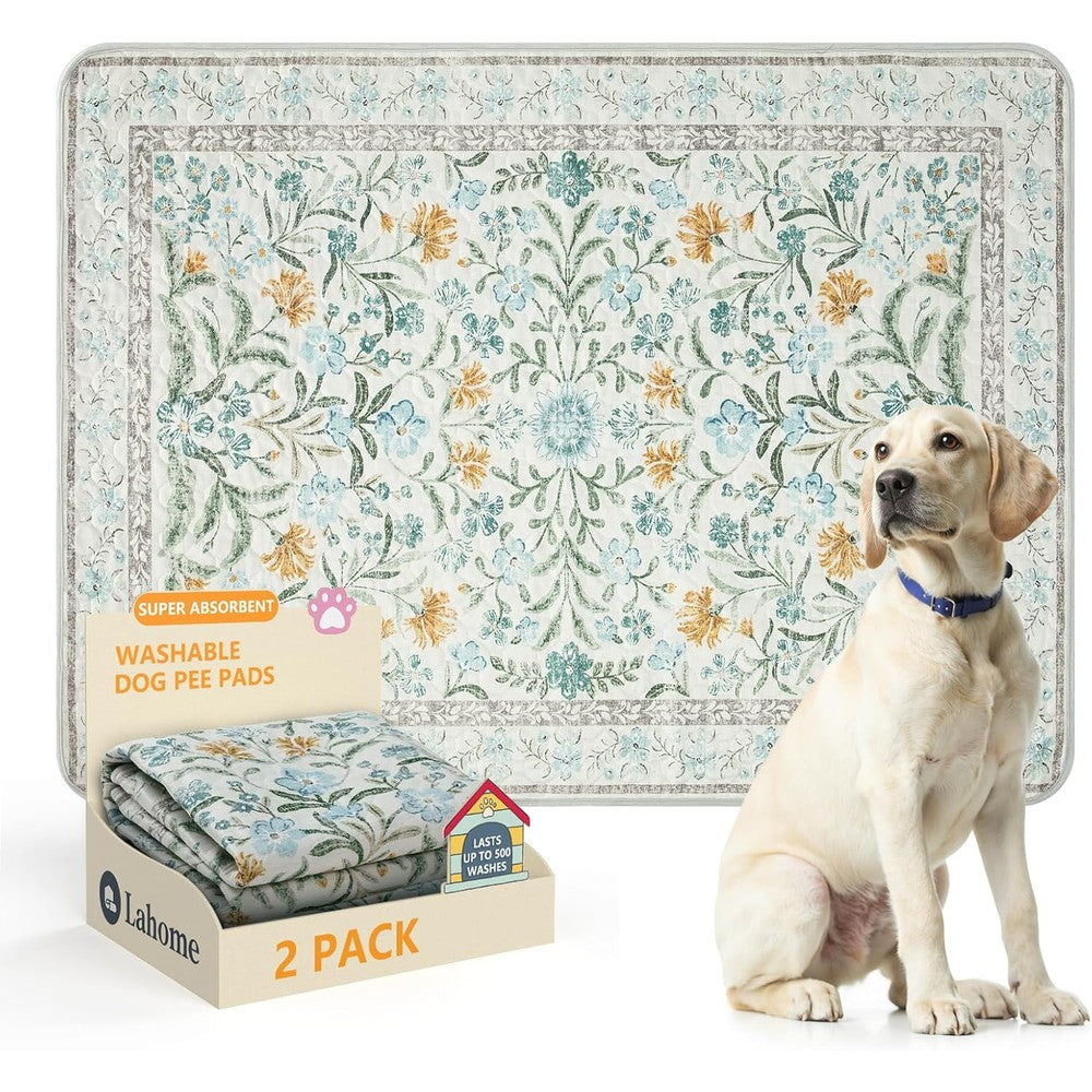 Lahome Washable Reusable Pee Pads For Dogs Beige Botanical Floral 2 Pack Puppy Training Mats Super Absorbent Waterproof Leakproof 36 Inches By 48 I...