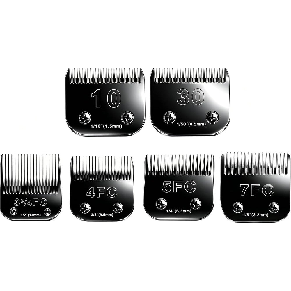 Audoc Six Piece Dog Grooming Clipper Replacement Blades Set Detachable Ceramic and Stainless Steel Professional Pet Trimmer Blades Pack Black