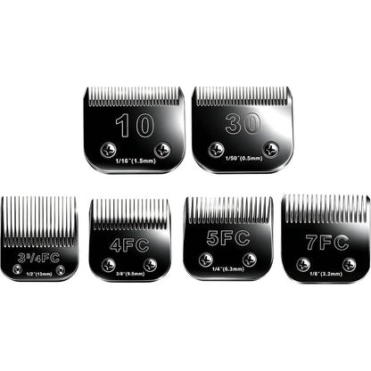 Audoc Six Piece Dog Grooming Clipper Replacement Blades Set Detachable Ceramic and Stainless Steel Professional Pet Trimmer Blades Pack Black