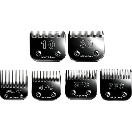 Audoc Six Piece Dog Grooming Clipper Replacement Blades Set Detachable Ceramic and Stainless Steel Professional Pet Trimmer Blades Pack Black
