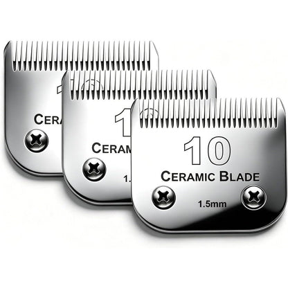 Audoc Three Pack Size Ten Dog Grooming Clipper Replacement Blades Detachable Ceramic And Stainless Steel Blades With One Sixteenth Inch Cut Length