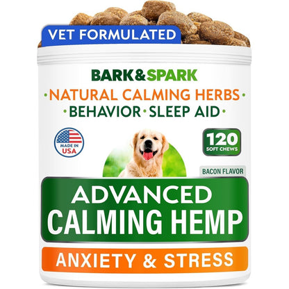 BARK&SPARK Advanced Calming Hemp Treats For Dogs With Hemp Oil And Melatonin Pet Anxiety Separation Stress Relief BBQ Bacon Flavor 120 Count
