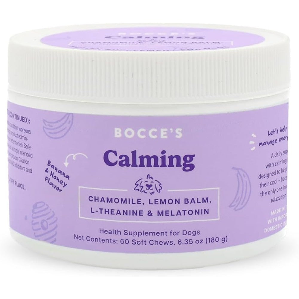 Bocce's Bakery Calming Supplement for Dogs Daily Chews with Chamomile Lemon Balm L-Theanine and Melatonin Banana and Honey Flavor 60 Count