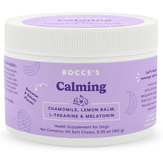 Bocce's Bakery Calming Supplement for Dogs Daily Chews with Chamomile Lemon Balm L-Theanine and Melatonin Banana and Honey Flavor 60 Count