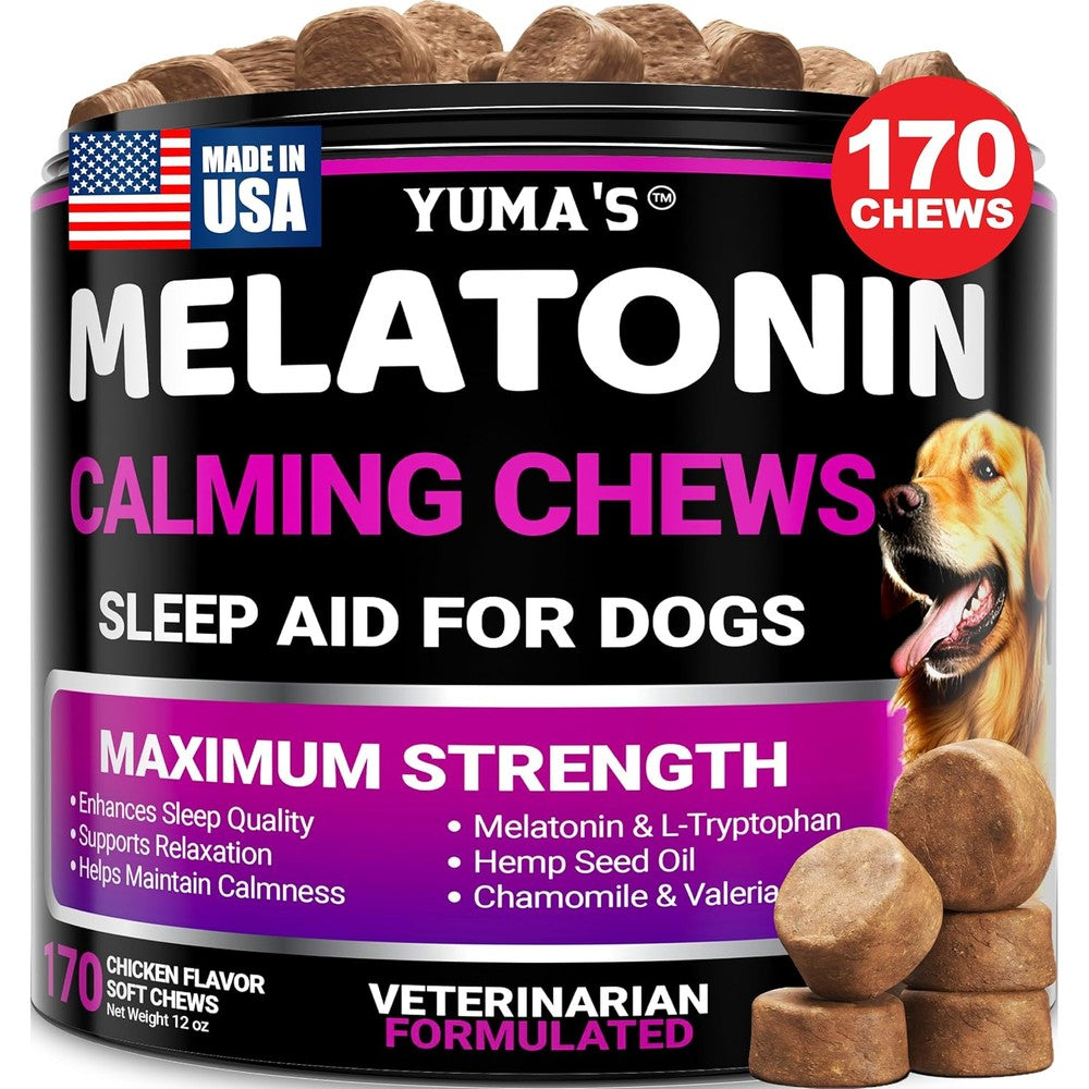 Yuma's Melatonin For Dogs 170 Melatonin Chews Natural Calming Treats For Anxiety Stress Relief And Sleep Aid For Small And Large Dogs Chicken Flavor