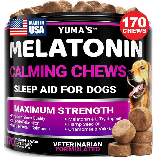 Yuma's Melatonin For Dogs 170 Melatonin Chews Natural Calming Treats For Anxiety Stress Relief And Sleep Aid For Small And Large Dogs Chicken Flavor