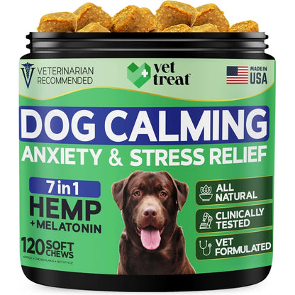 Vet Treat Hemp Calming Chews For Dogs Anxiety Relief Treats With Melatonin 120 Count Soft Chews For Stress Relief Made In United States