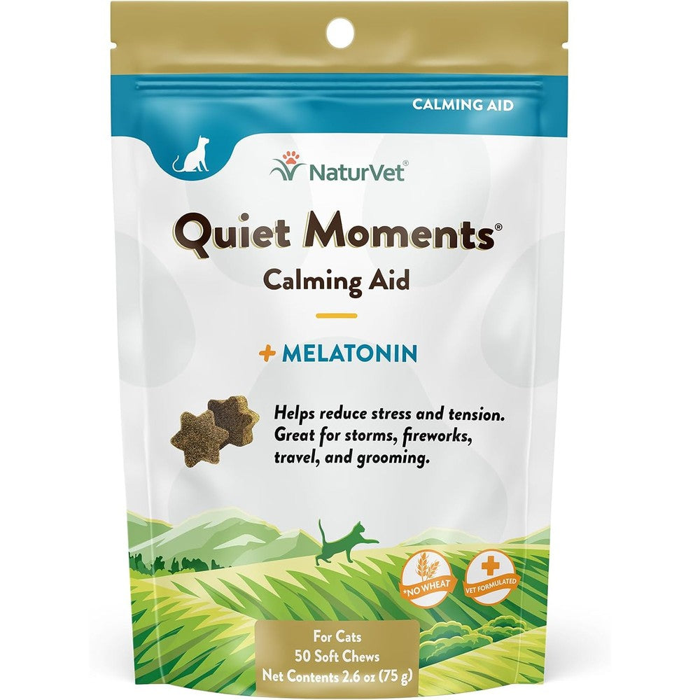 NaturVet Quiet Moments Calming Aid Cat Supplement Plus Melatonin Wheat Free Salmon Flavor Soft Chews 50 Count