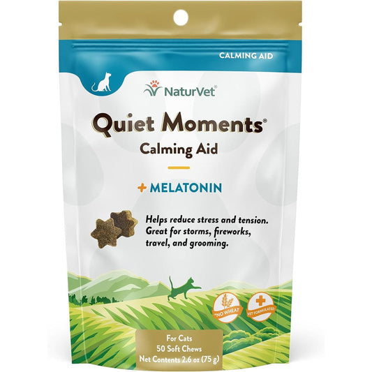 NaturVet Quiet Moments Calming Aid Cat Supplement Plus Melatonin Wheat Free Salmon Flavor Soft Chews 50 Count