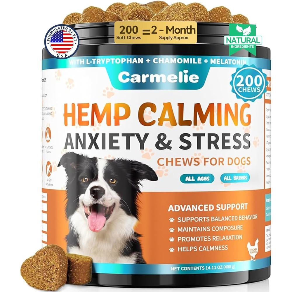 Carmelie Hemp Calming Chews For Dogs Anxiety And Stress Relief With Valerian Root Chamomile Melatonin Chicken Flavor 200 Count