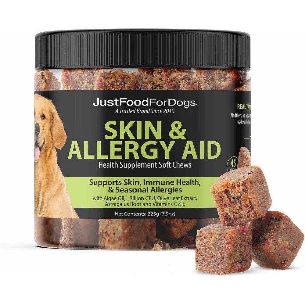 JustFoodForDogs Skin And Allergy Supplement For Dogs Human Grade Dog Multivitamin Soft Chews With Omega 3 Algae Oil And Superfoods 45 Count