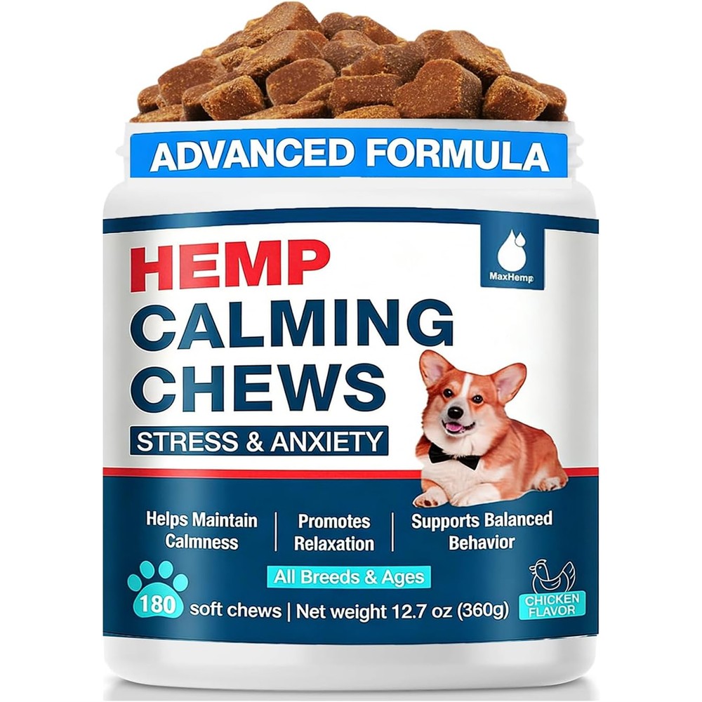 Strellalab MaxHemp Advanced Dog Calming Chews For Anxiety Relief Treats For Separation Composure Barking Thunderstorms Chicken Flavor 180 Count