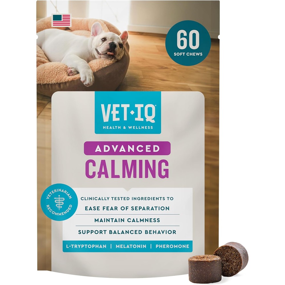 VetIQ Advanced Calming Support Supplement For Dogs, Anxiety Relief Chews With Chamomile And L-Tryptophan, 60 Count, Made In The USA
