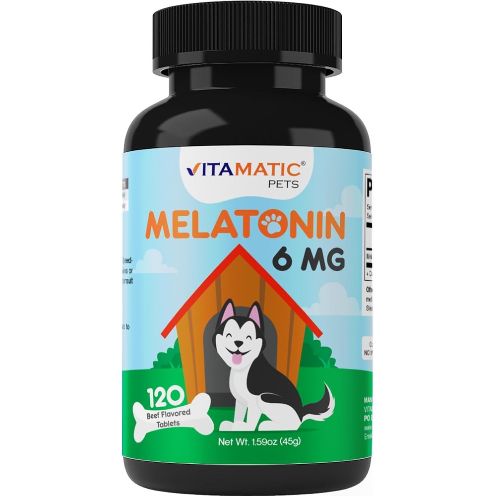 Vitamatic Melatonin for Dogs 6 mg Calming and Sleep Support 120 Beef Flavored Chewable Tablets Pack of 1