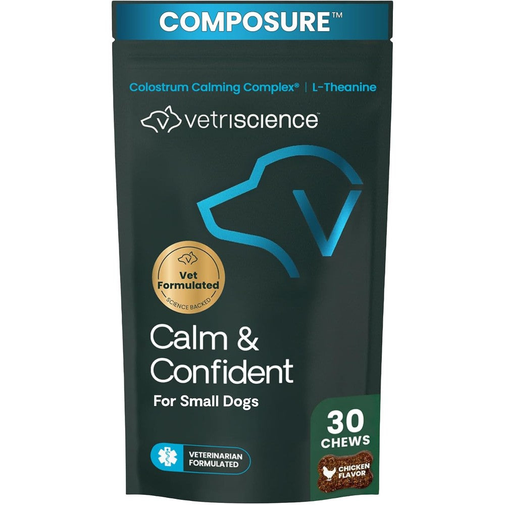 VetriScience Composure Calm And Confident Calming And Anxiety Supplement For Small Dogs Under Thirty Pounds Chicken Flavor Thirty Count