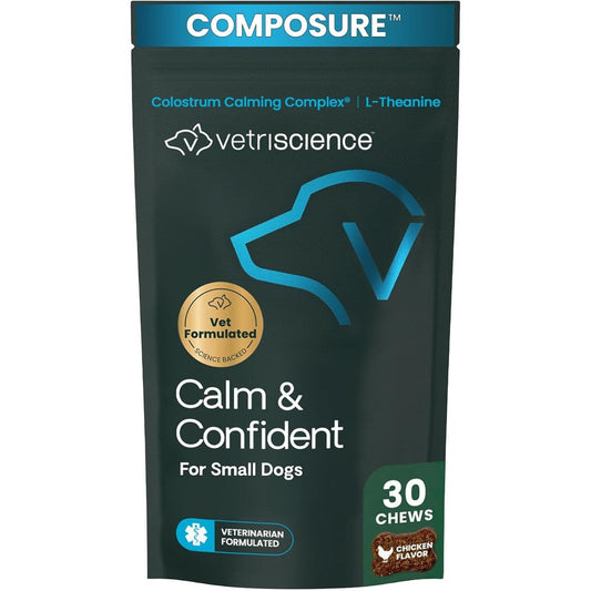 VetriScience Composure Calm And Confident Calming And Anxiety Supplement For Small Dogs Under Thirty Pounds Chicken Flavor Thirty Count
