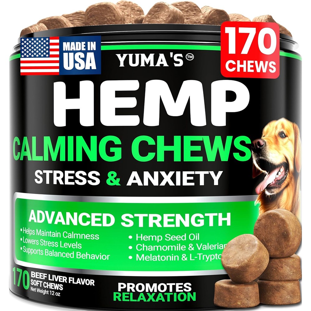 Yuma's Hemp Calming Chews For Dogs Advanced Anxiety Relief Treats Natural Melatonin Separation Aid Support Beef Flavor 170 Count