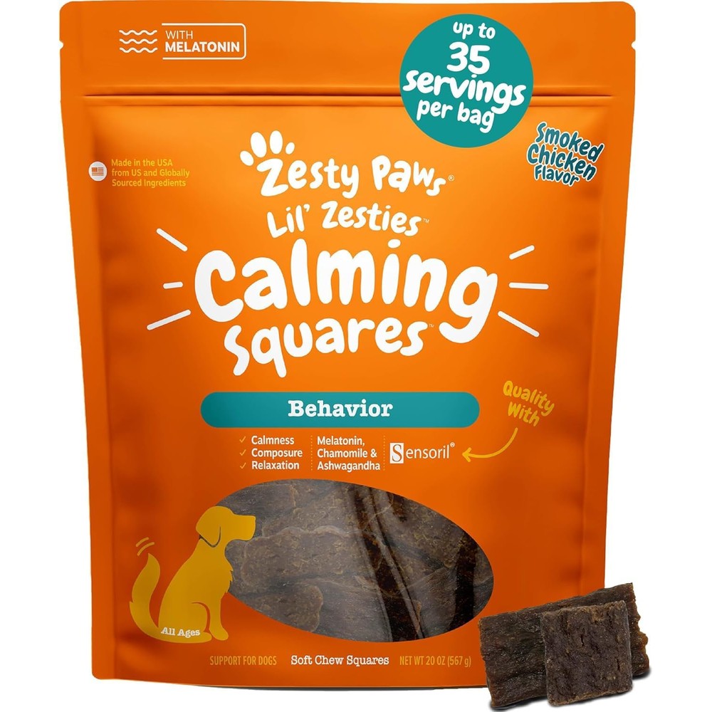 Zesty Paws Lil Zesties Calming Squares Chicken Flavored Dog Soft Chews For Anxiety And Stress Relief 10 Ounce