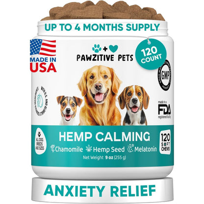 Pawzitive Pets Hemp Calming Chews For Dogs Anxiety Relief And Stress Support For Separation Fireworks Thunder One Hundred Twenty Soft Treats