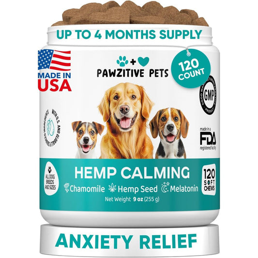 Pawzitive Pets Hemp Calming Chews For Dogs Anxiety Relief And Stress Support For Separation Fireworks Thunder One Hundred Twenty Soft Treats